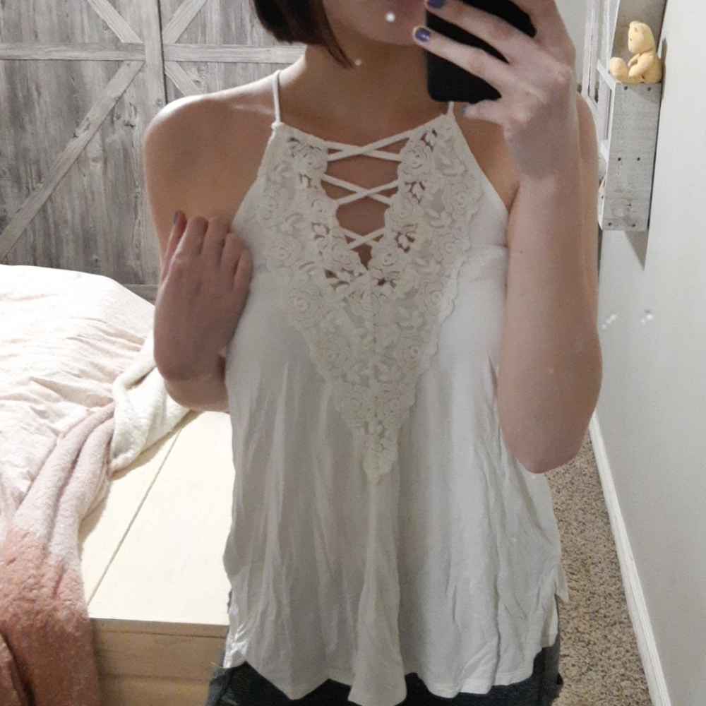 Embroided rose criss cross tank
